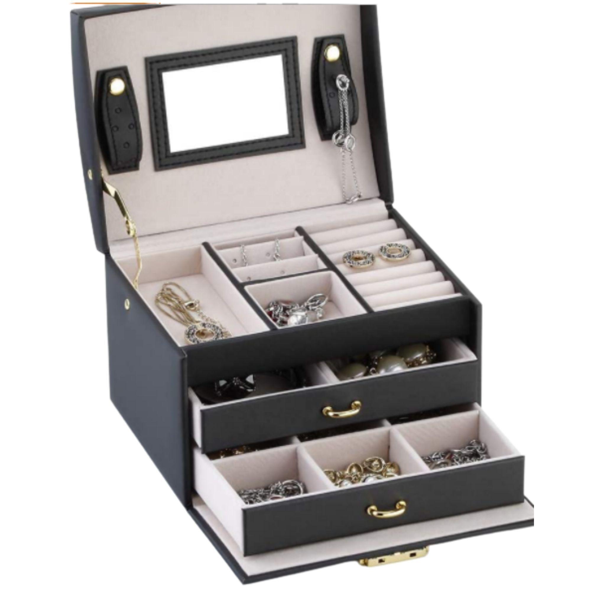 Joyero Organizador con espejo y llave Delux 3 Niveles Negro-2
