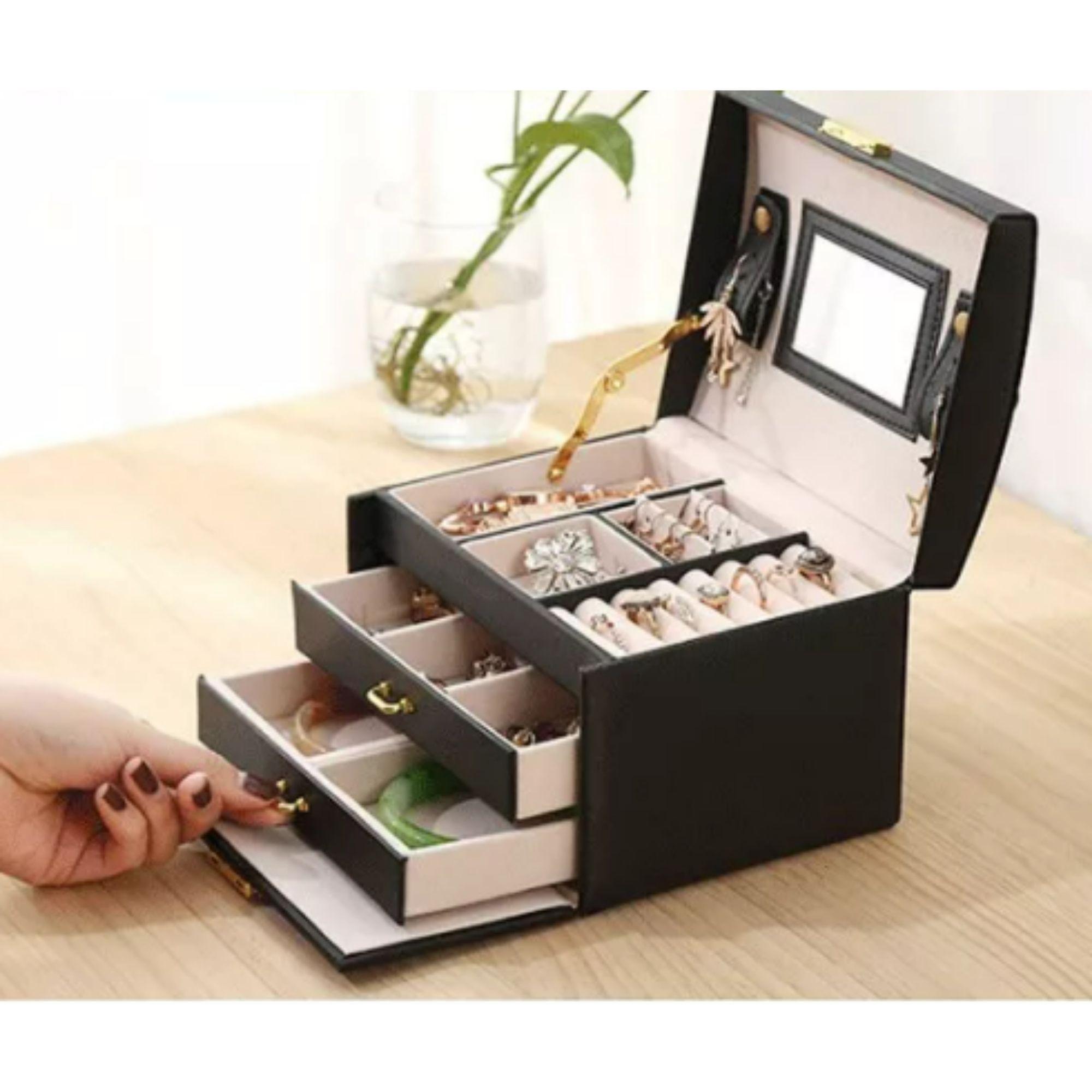 Joyero Organizador con espejo y llave Delux 3 Niveles Negro-5