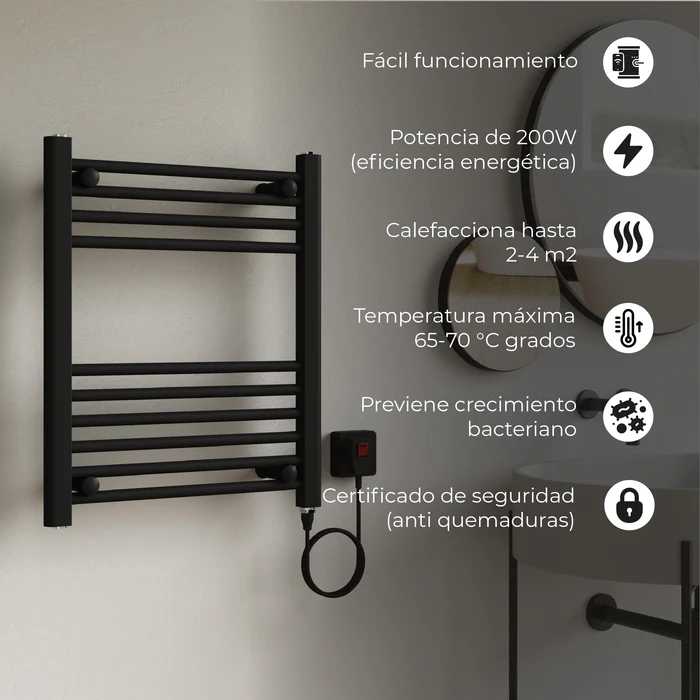 Secador de Toallas Electrico para Bano 200W Mural 60x50 cm Lipari Negro-4