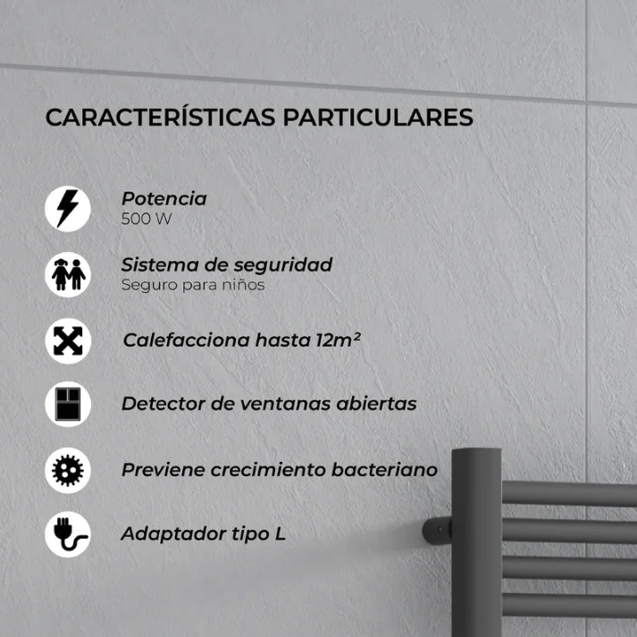 Calefactor Secador de Toallas WIFI Programable 500W Mural 88x54 cm Viglio Negro Cable Izquierdo-3