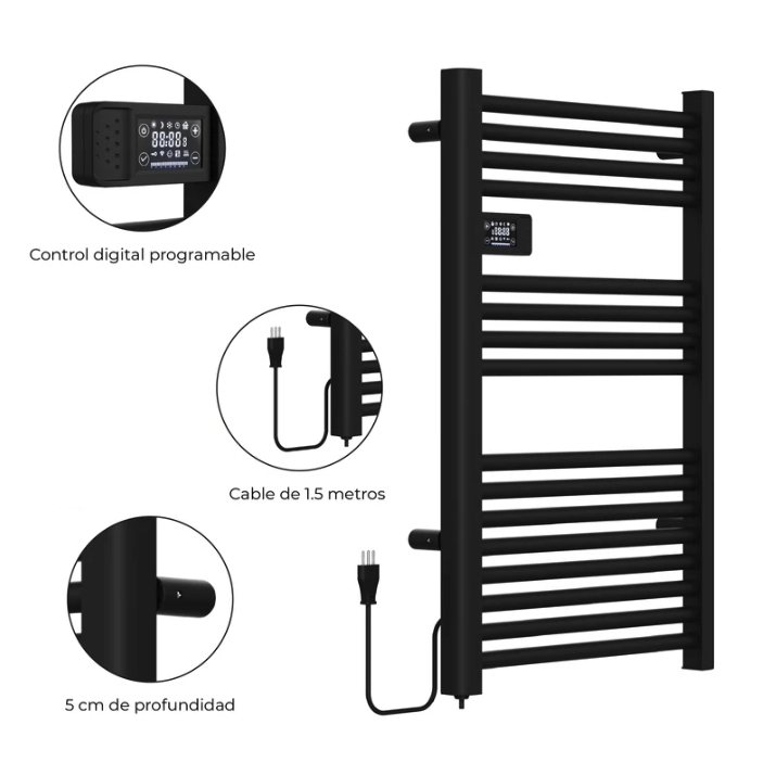 Calefactor Secador de Toallas WIFI Programable 500W Mural 88x54 cm Viglio Negro Cable Izquierdo-4