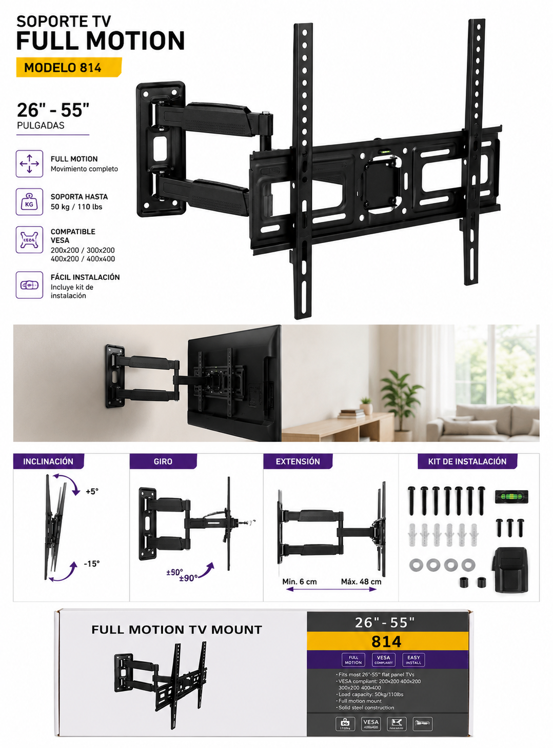 Soporte Tv Muro Full Motion 26 A 55 Pulgadas Articulado-1