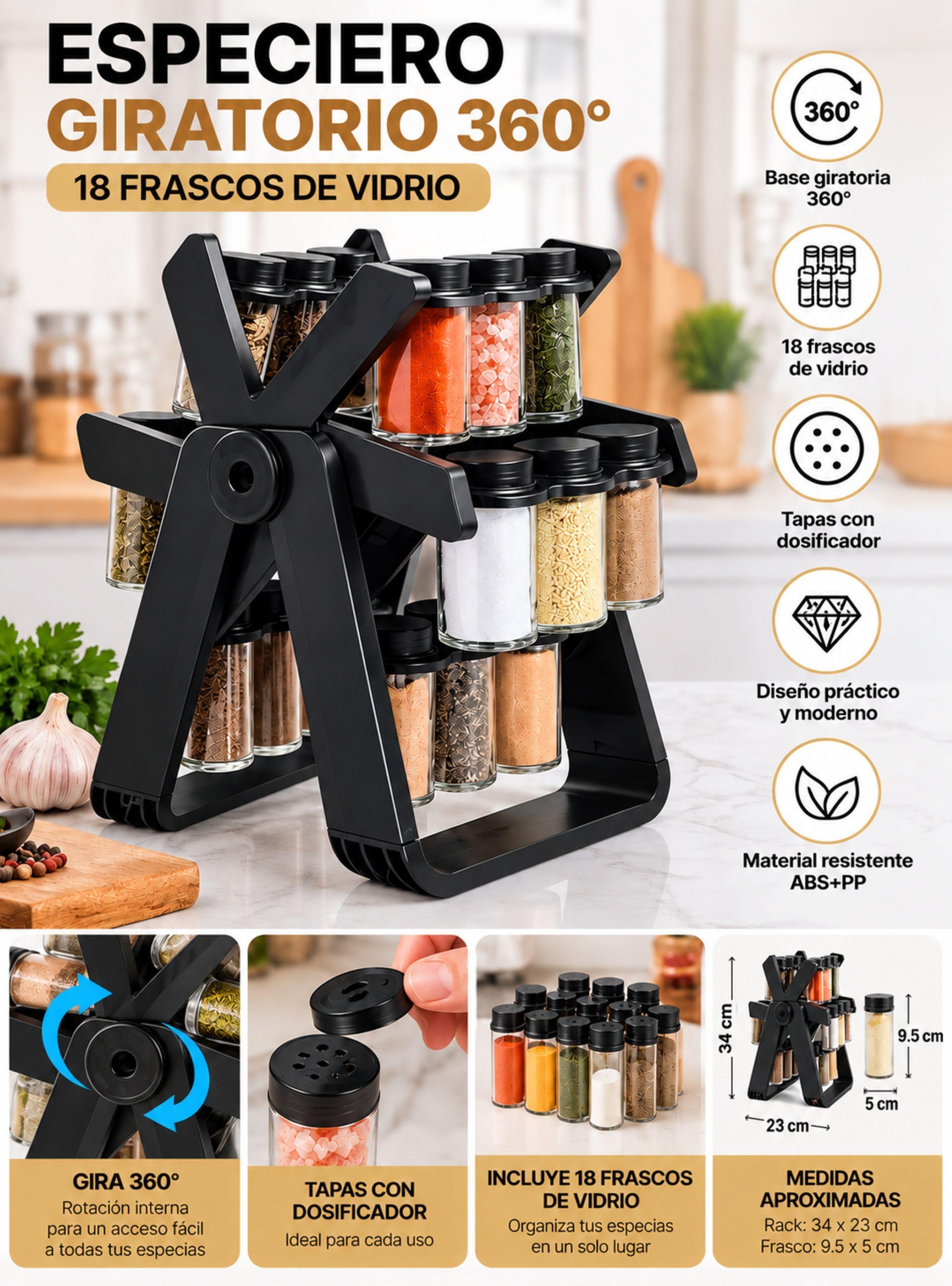 Especiero Giratorio 360 Organizador Cocina 18 Frascos Vidrio-0