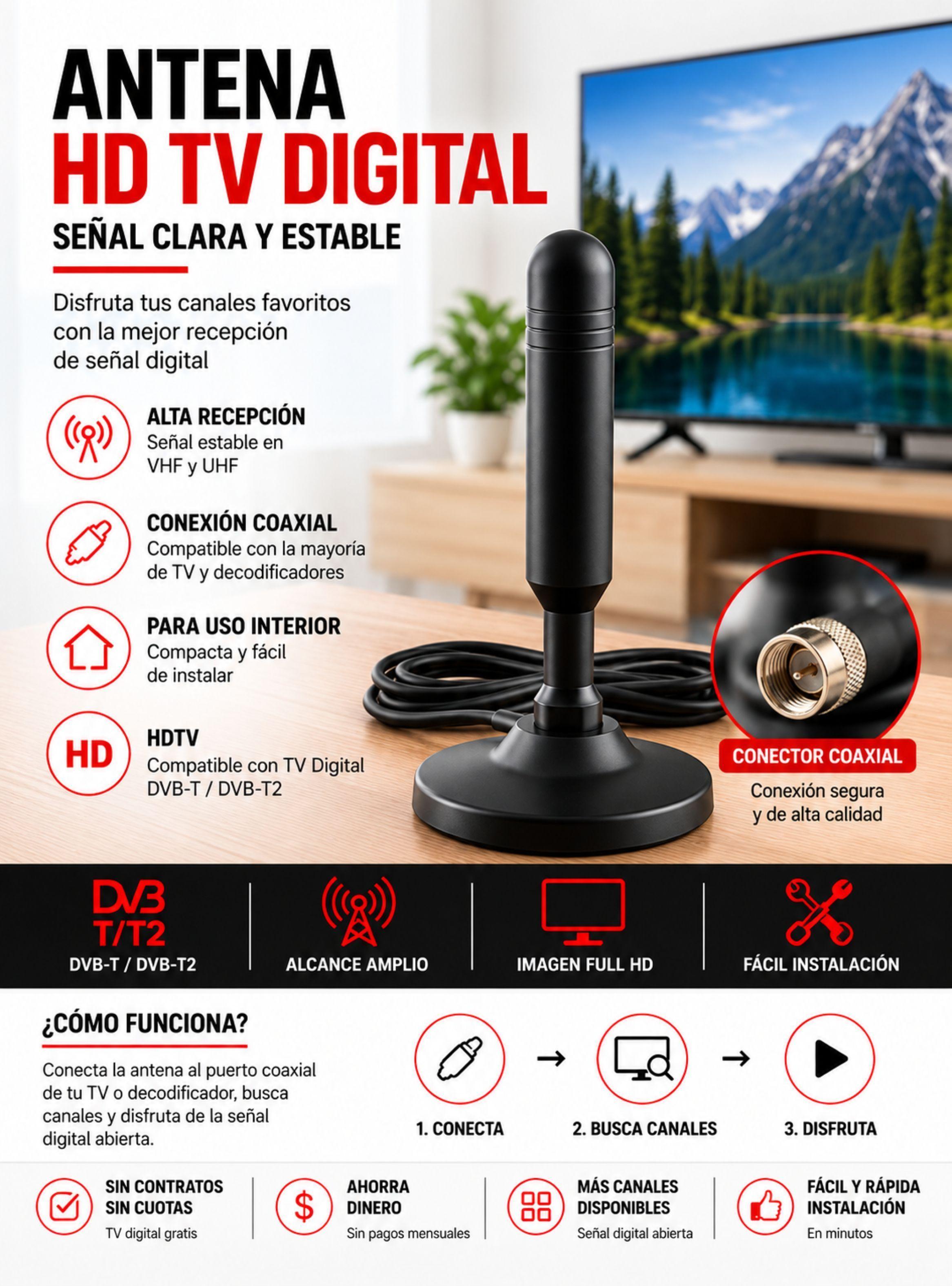 Antena Tv Digital Hd Vhf Uhf Dvb t t2 Con Cable Coaxial-0