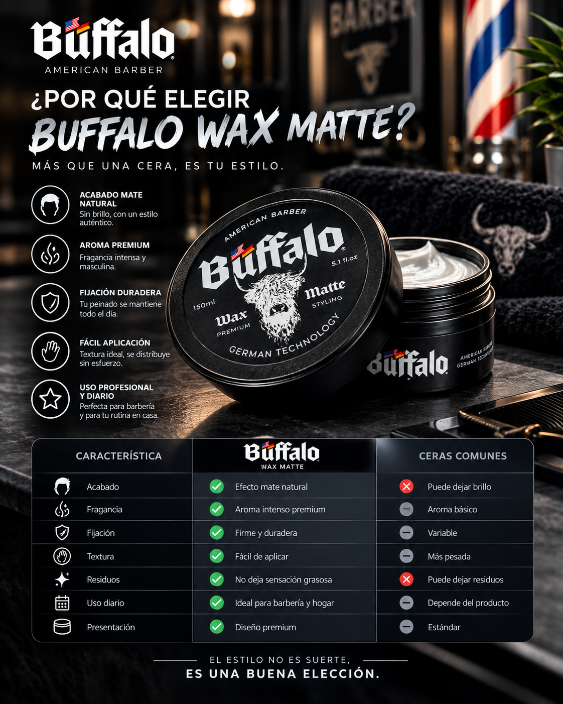 Cera Para Pelo Buffalo American Barber Matte 150ml-1