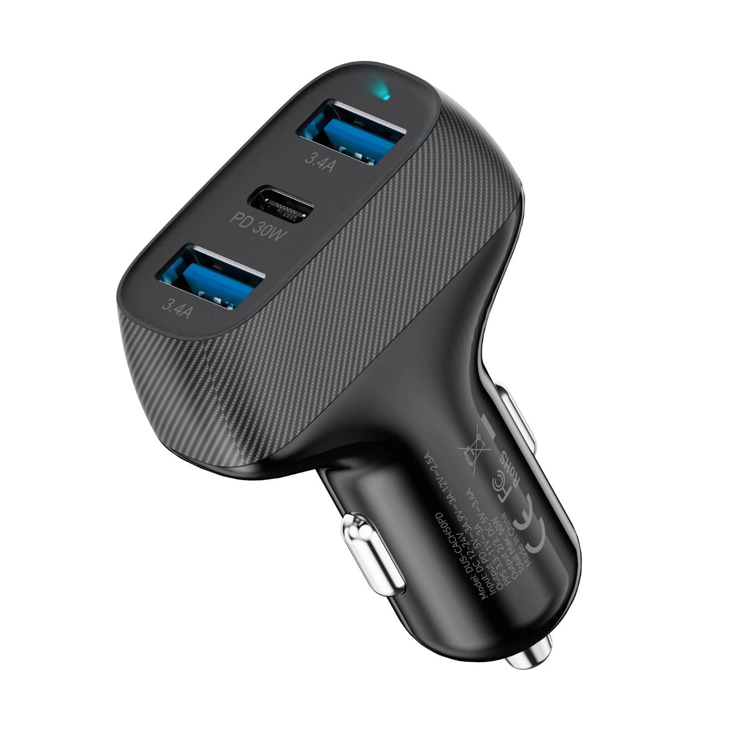 Cargador De Auto Triple 50W con cable 2en1 Dusted Negro-2