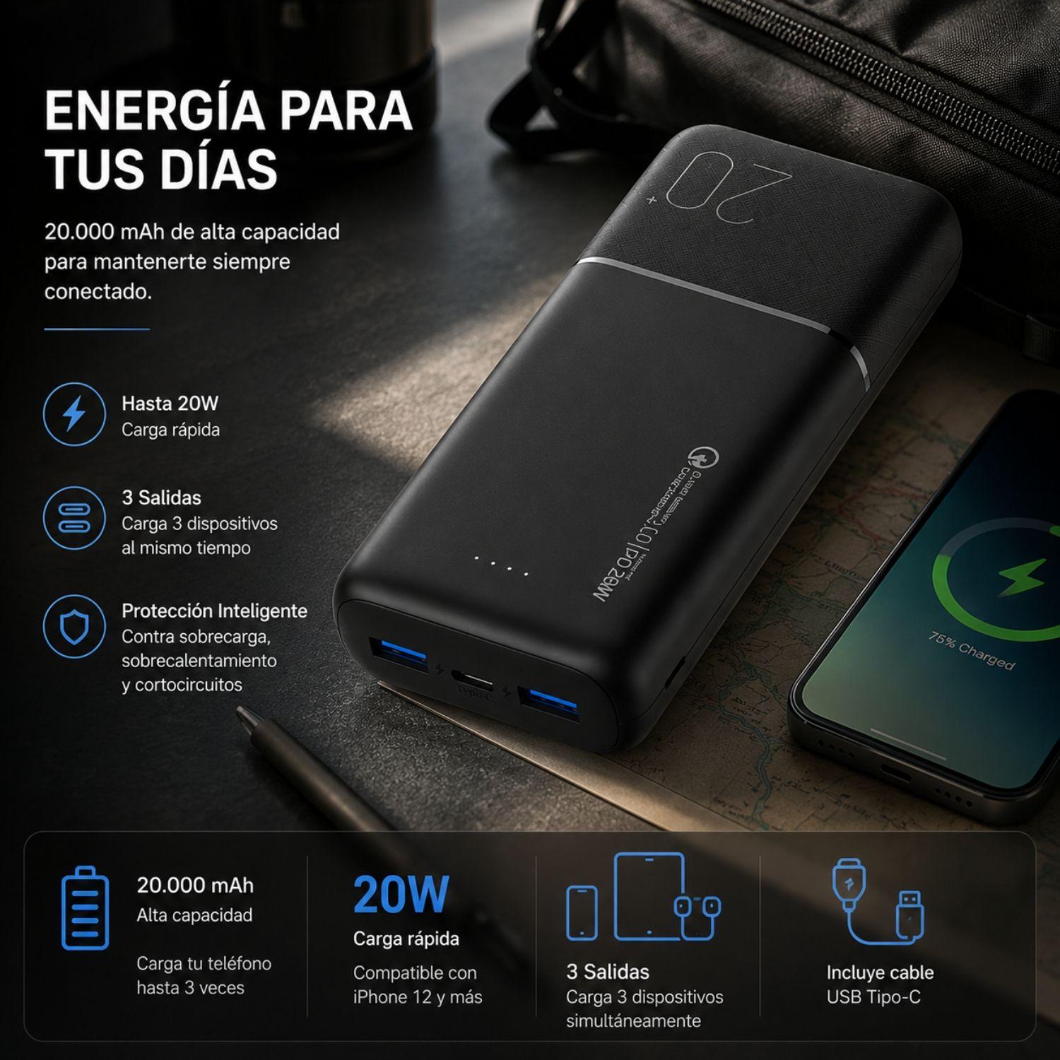 Bateria externa de Carga Rápida 20W 20.000 mAh Dusted Negra-3