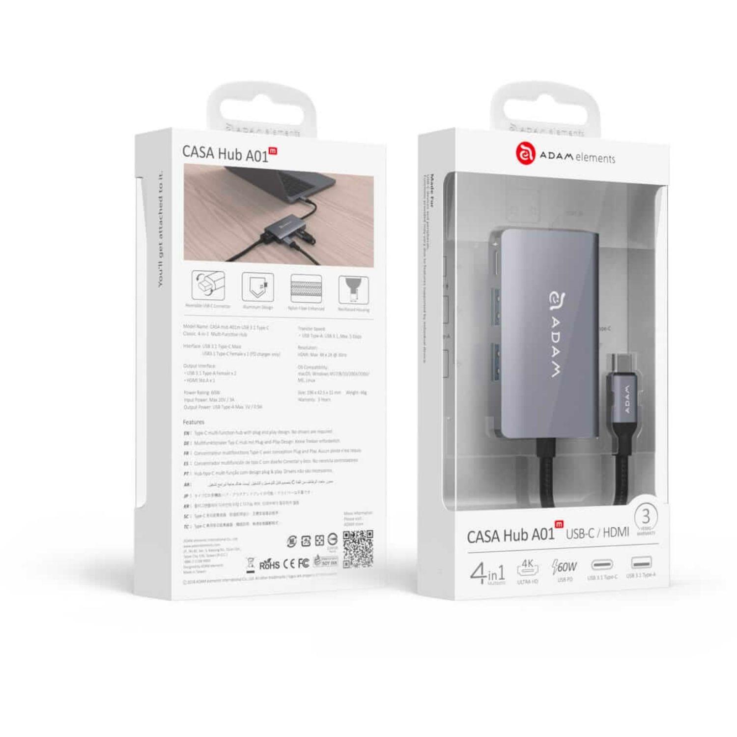 Hub Usb-c A Usb 3.1 X 2, Hdmi Casa Adam Elements Gris-5