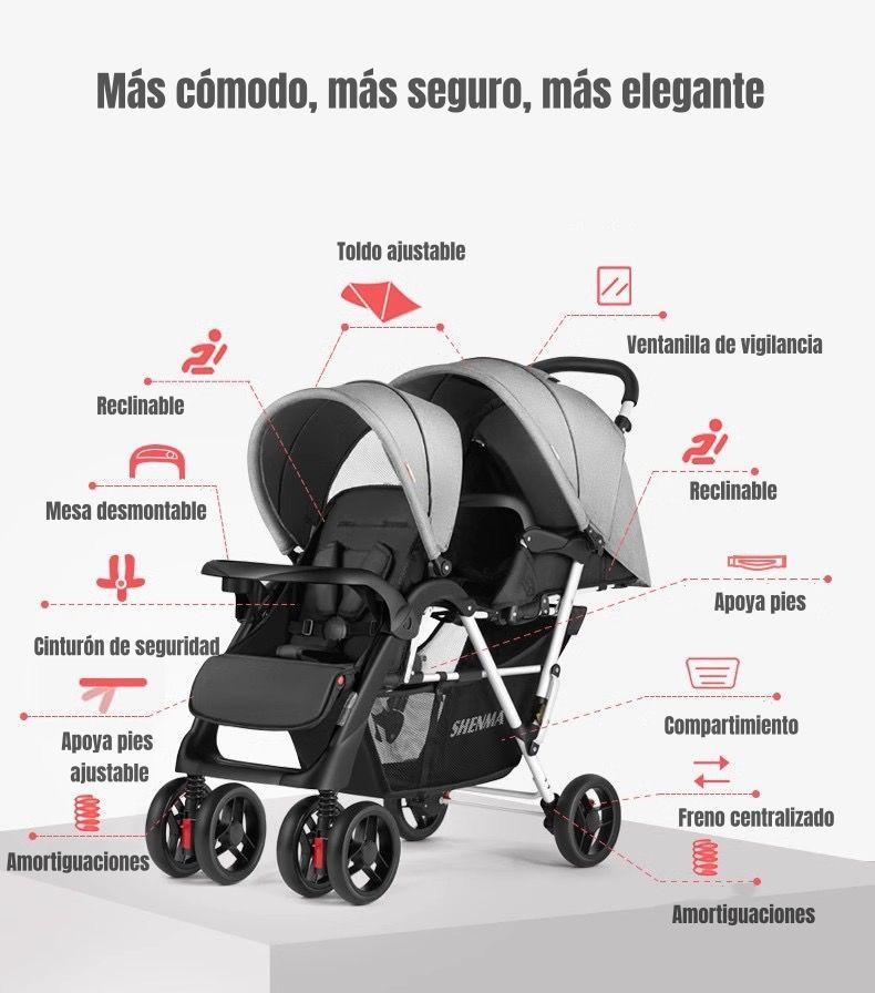 Coche Doble Duo Reclinable Plegable Gris By LuBabycas-2