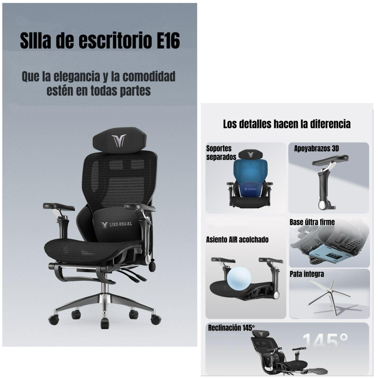 Silla De Escritorio Reclinable Con Reposapies E16 Negra-1