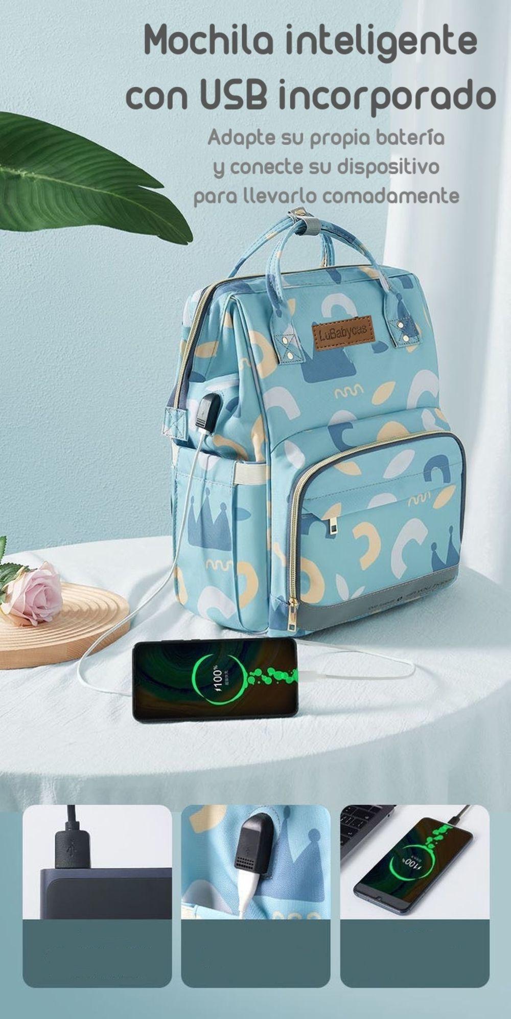 Mochila Maternal Impermeable Con Usb Lubabycas Azul-8