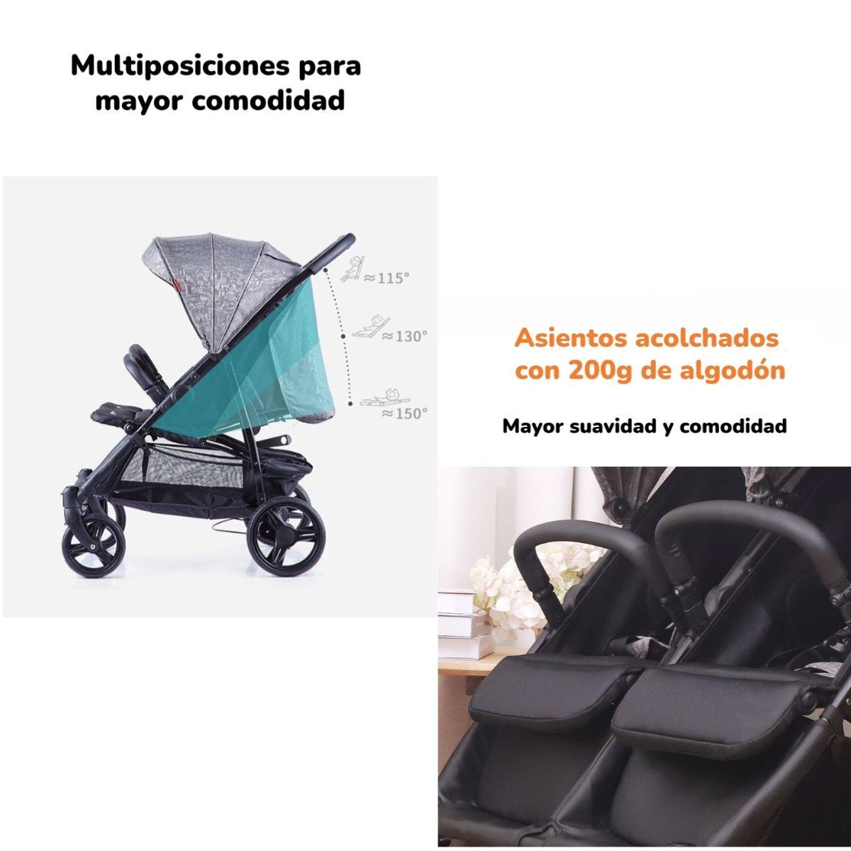 Coche Doble De Paseo Marco Aluminio Liviano Gris LuBabycas-2