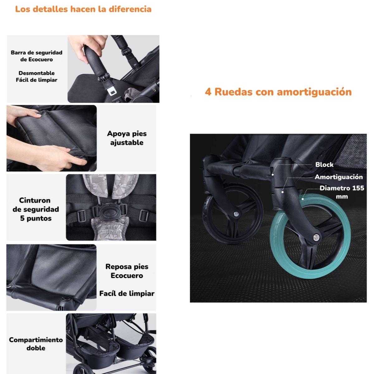 Coche Doble De Paseo Marco Aluminio Liviano Gris LuBabycas-3