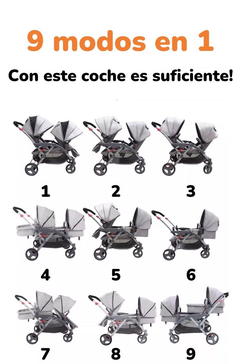 Coche Doble Duo Reclinable 9 Modos En 1 LuBabycas Gris-2