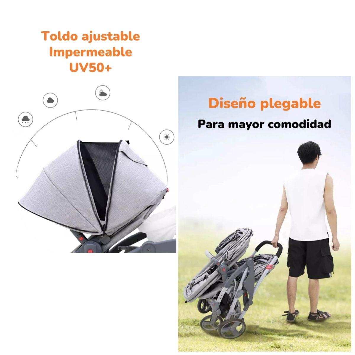 Coche Doble Duo Reclinable 9 Modos En 1 LuBabycas Gris-5