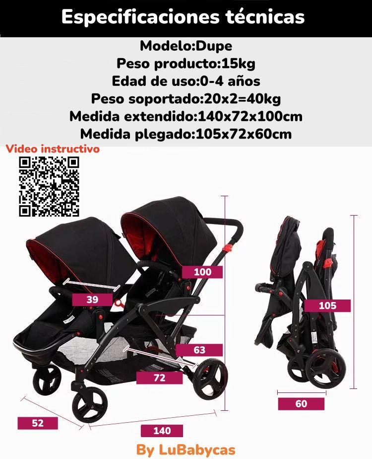Coche Doble Duo Reclinable 9 Modos En 1 LuBabycas Gris-7