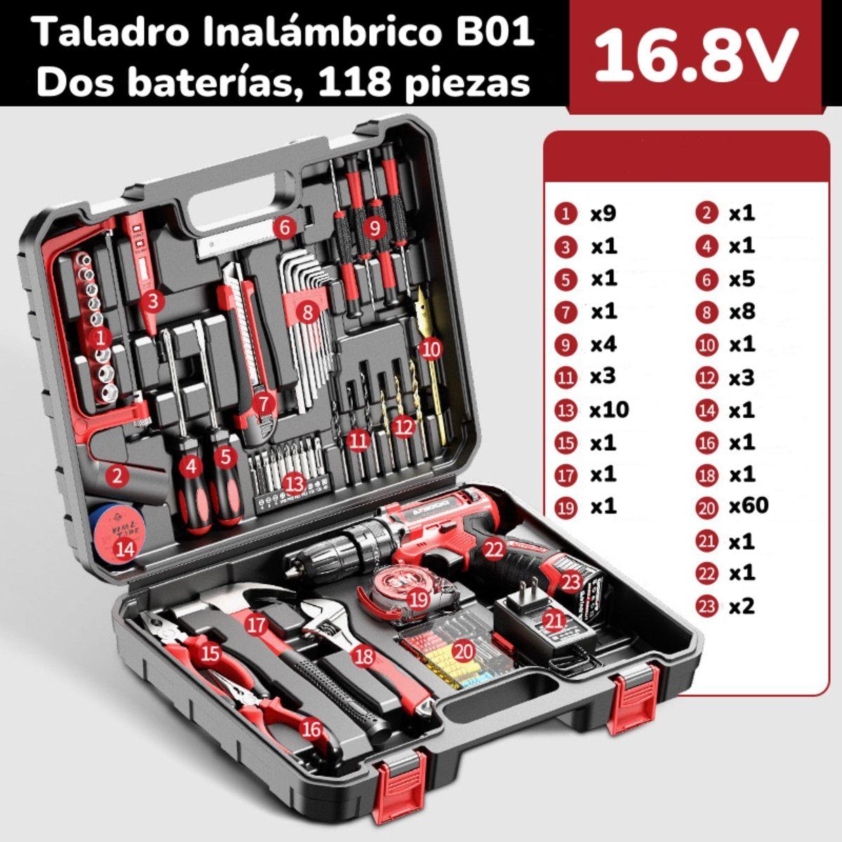 Kit Taladro Inalámbrico 2 Baterías 16,8V 118 Piezas B01-2