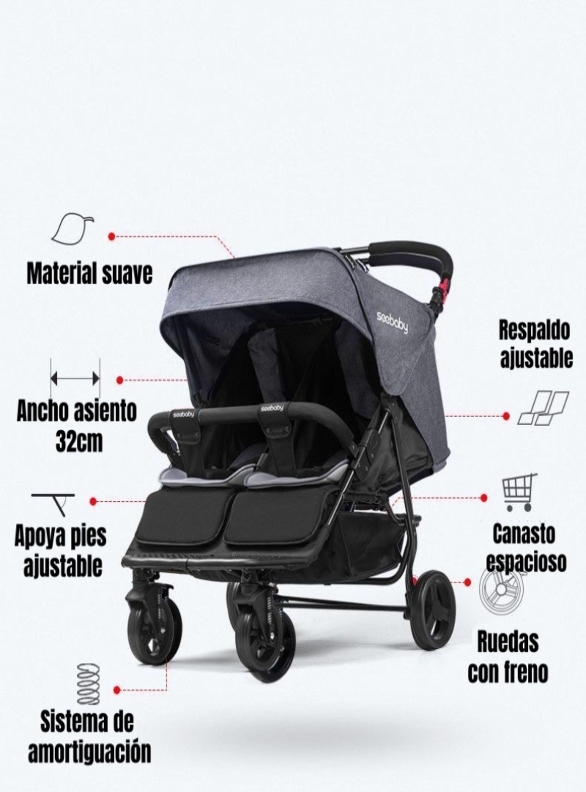 Coche Doble Reclinable 4 años Seebaby Gris LuBabycas-3
