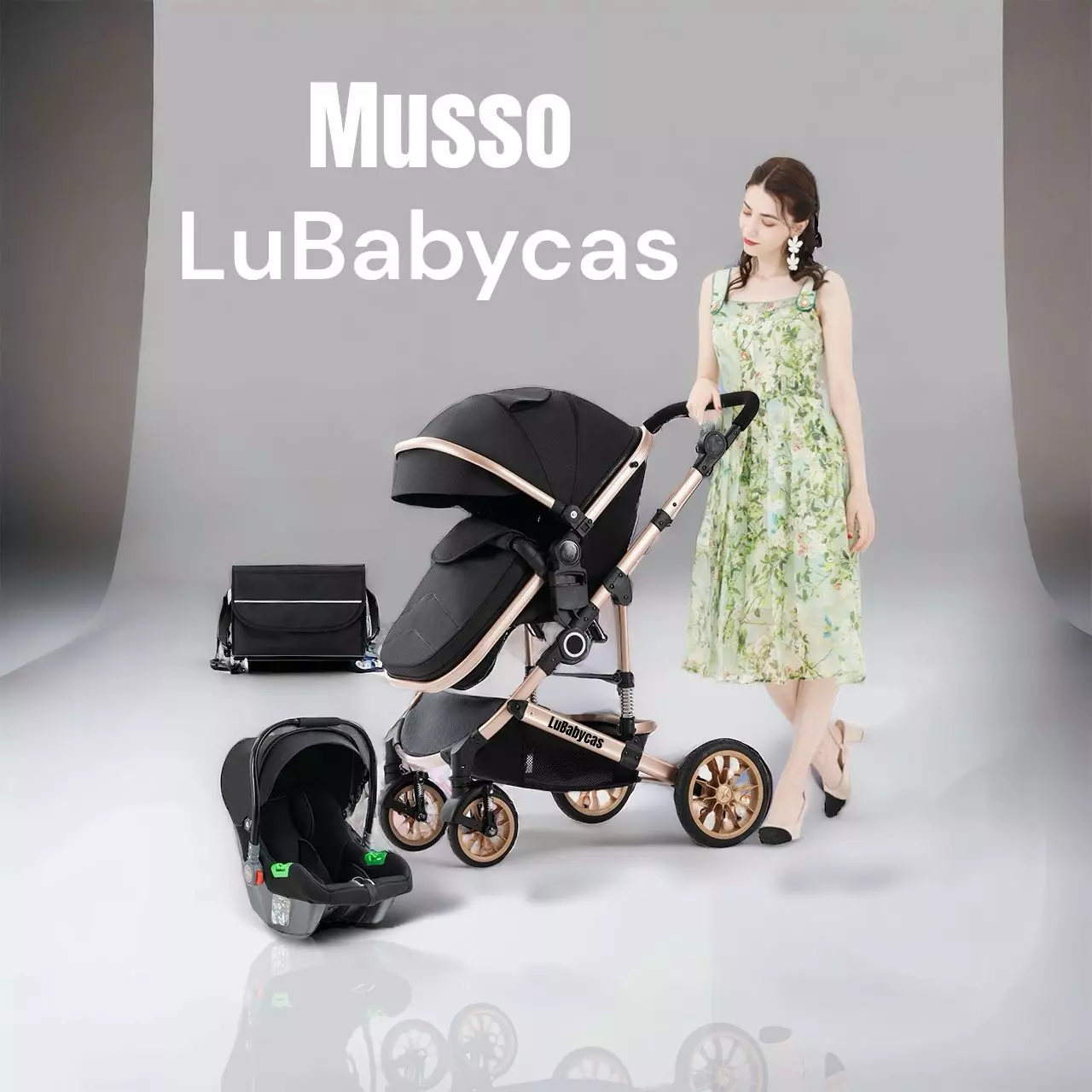 Coche Cuna Con Silla Nido y Accesorios LuBabycas Gris-2