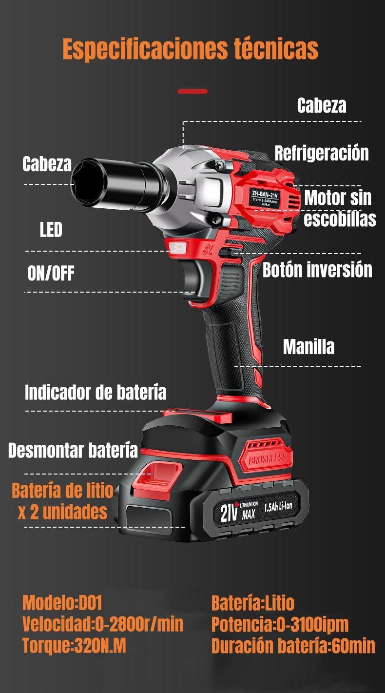 Kit Llave De Impacto Inalámbrica Taladro Pistola 2 Baterías-8