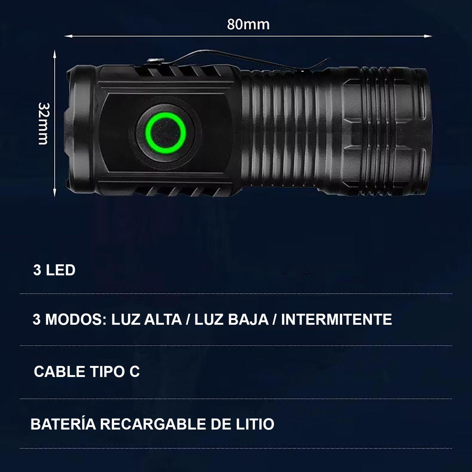 Mini Linterna Led Táctica De Mano Recargable Usb Tipo C - Blanco - Negro-3