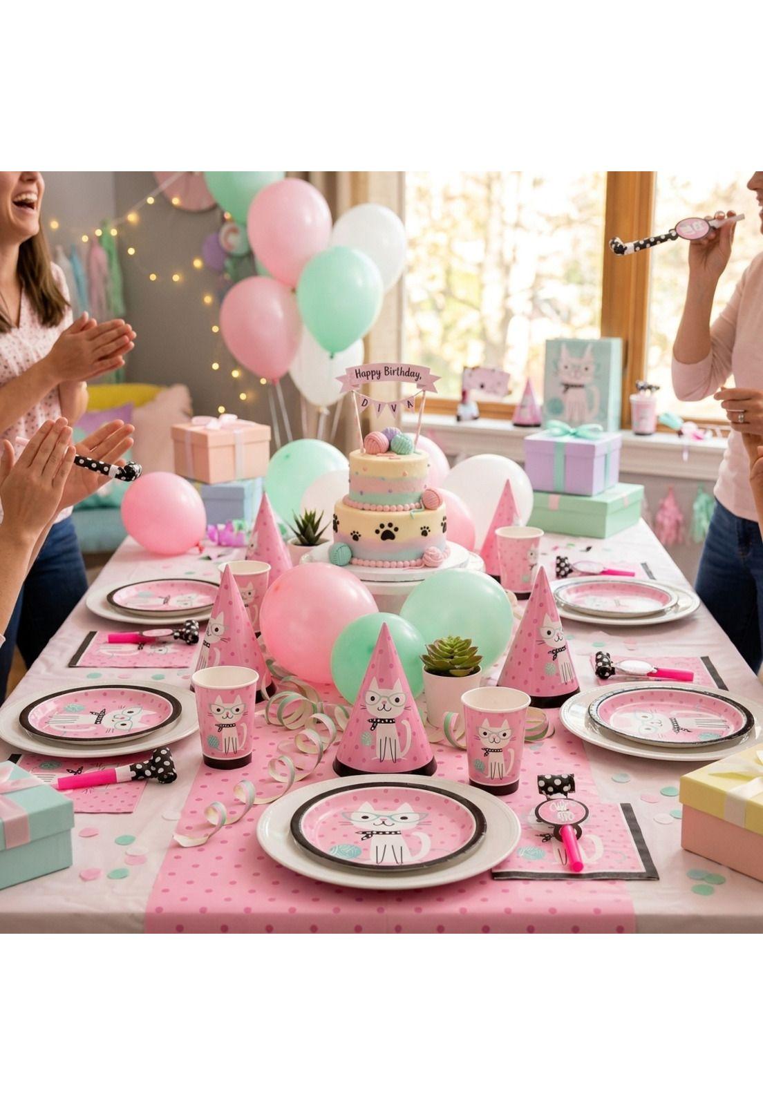 Set Cumpleaños Gato Kitty Cat Diva Purrfect Cotillón 6 Uni-2