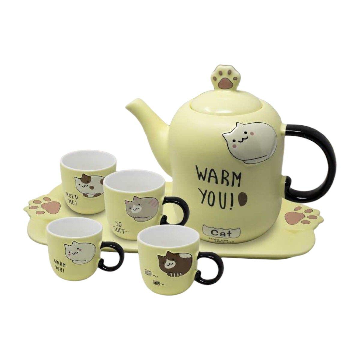 Set Cerámica Gatuna Tetera + 4 Tazas + Bandeja-0