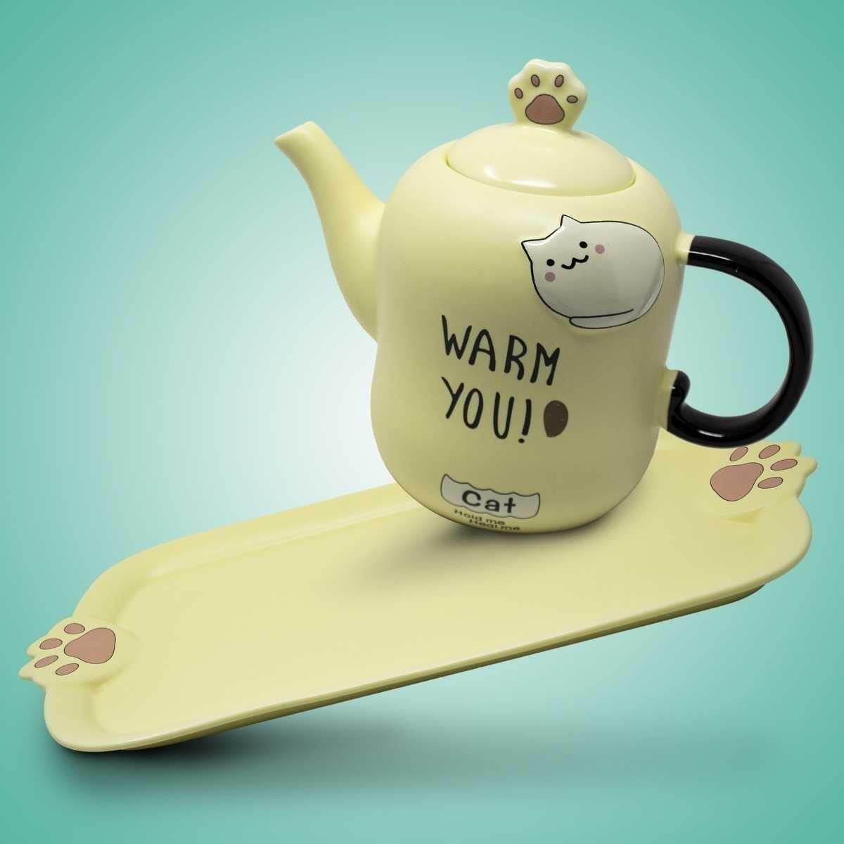 Set Cerámica Gatuna Tetera + 4 Tazas + Bandeja-1