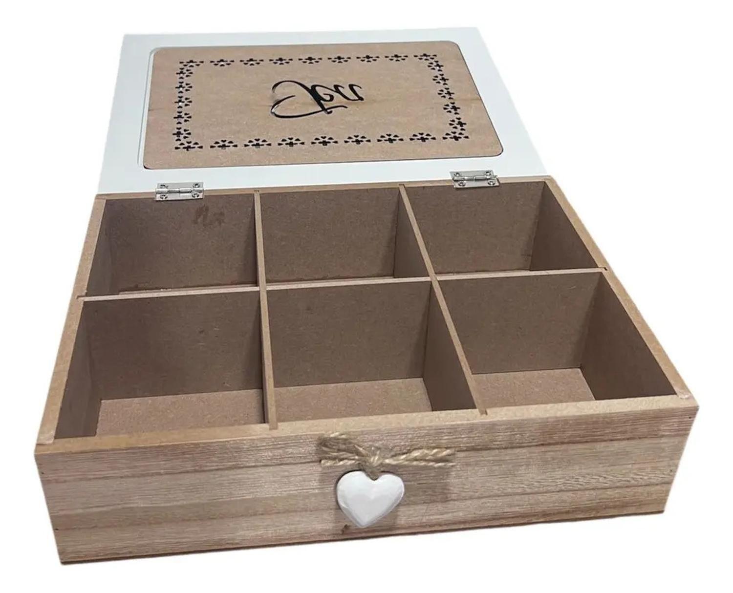Caja De Té Mediana De Madera 6 Espacios Con Diseños Heart-1