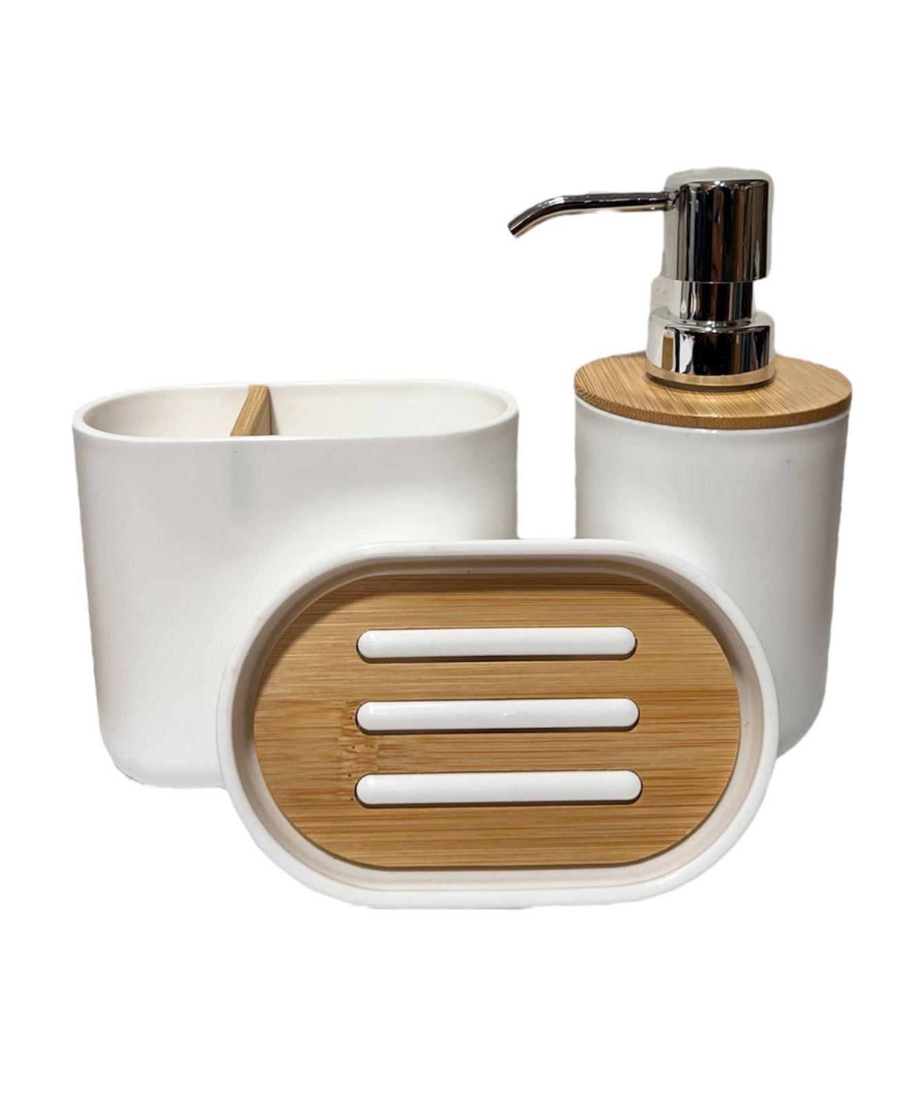 Set Juego De Baño 3 Pieza Bambu Jabon Dispensador Cepillo-0