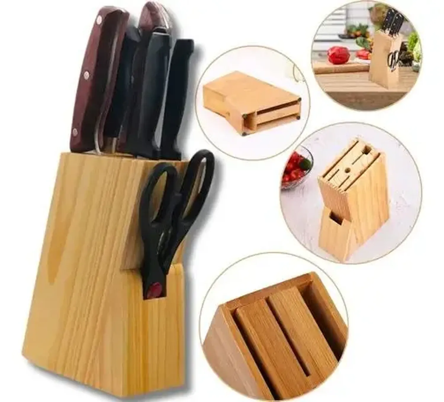 Porta Cuchillo Soporte Para Cuchillos Bambú 6 Compartimiento Beige-2
