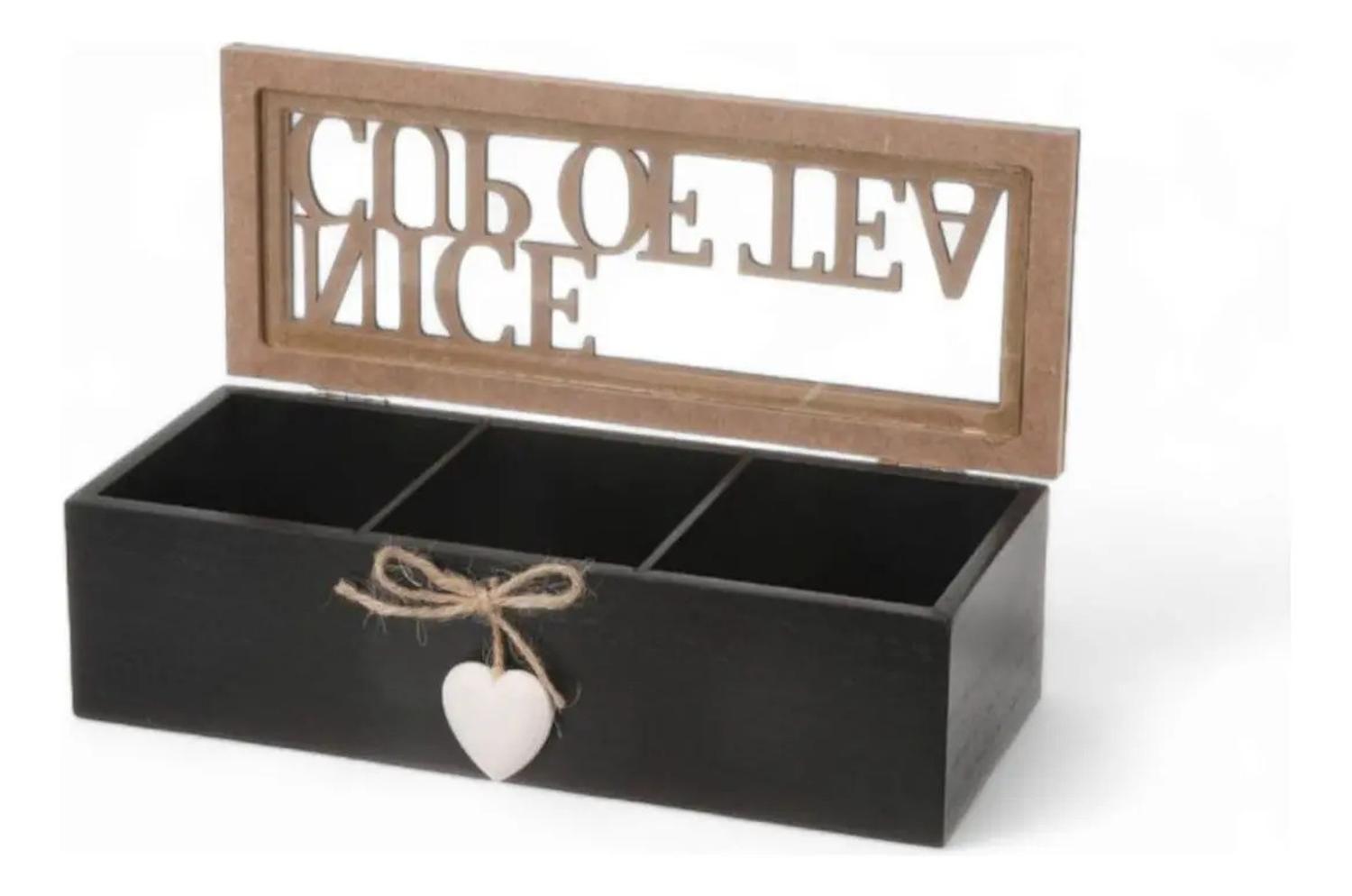 Caja De Té Mediana De Madera 3 Espacios Con Corazon-0