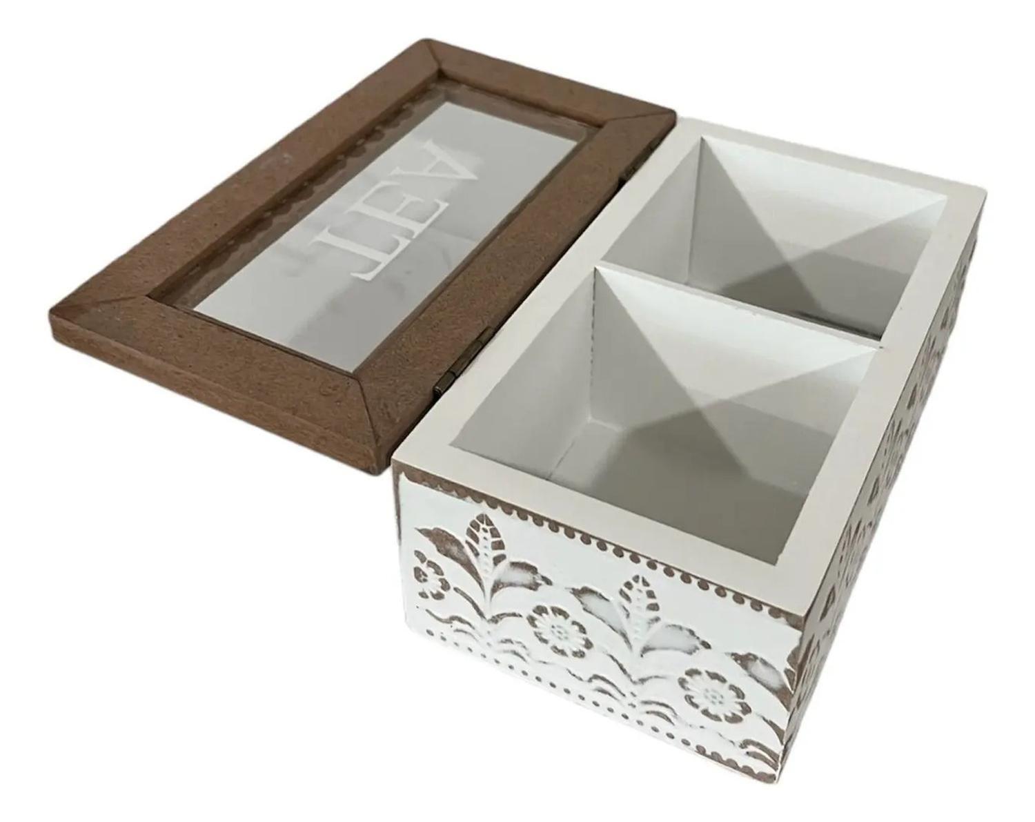 Caja De Té Mediana De Madera 2 Espacios Diseño Victoriano Blanco-1