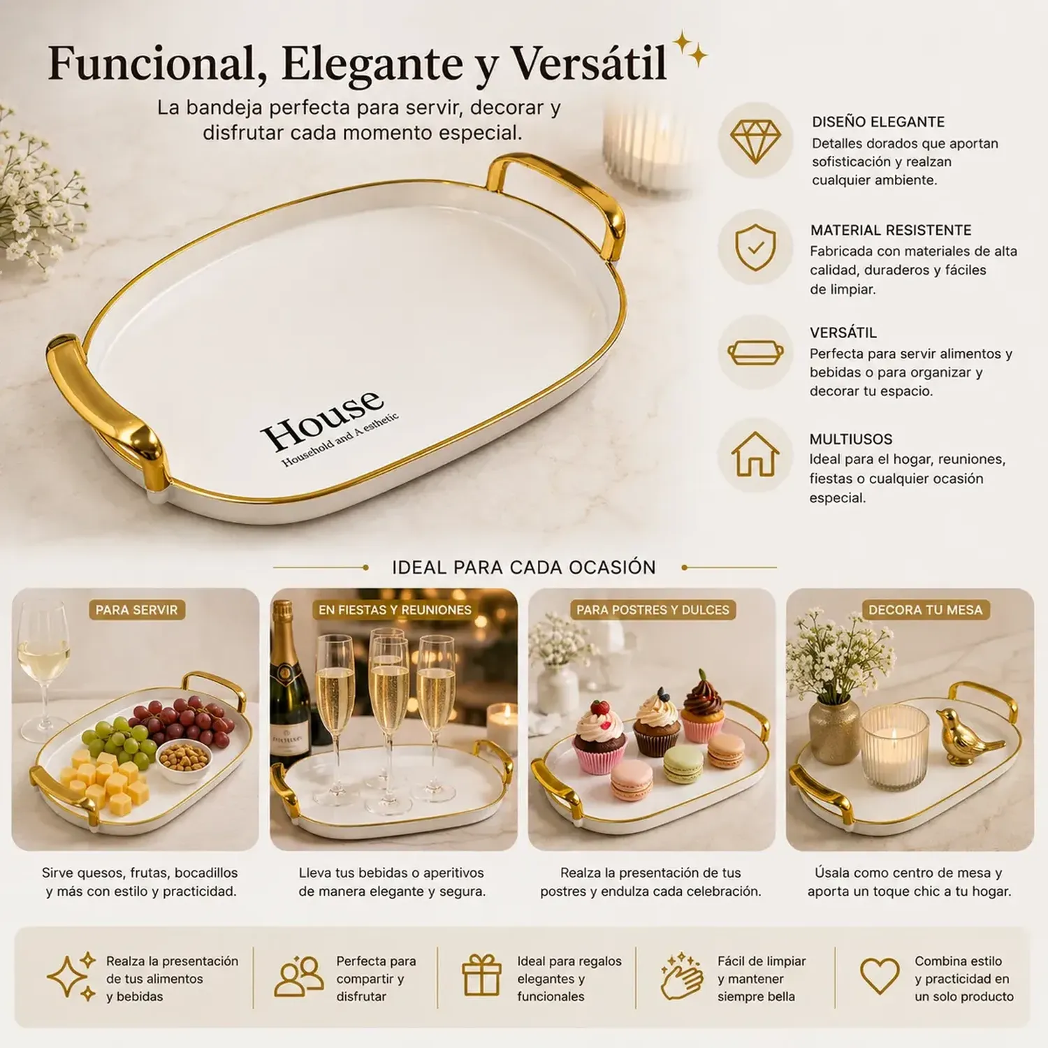 Bandeja Elegante Servir Dorado Decorativa Redonda Ex Grande Redondo-2