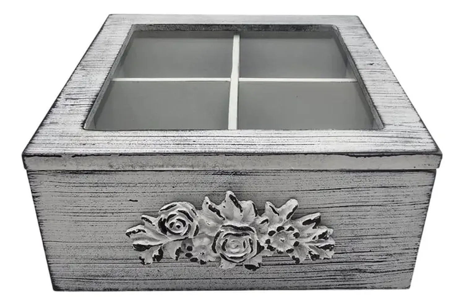 Caja De Té Mediana De Madera 4 Espacios Diseño Romantico Gris-0