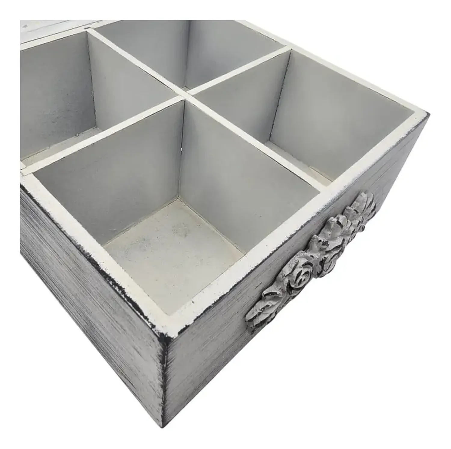 Caja De Té Mediana De Madera 4 Espacios Diseño Romantico Gris-1