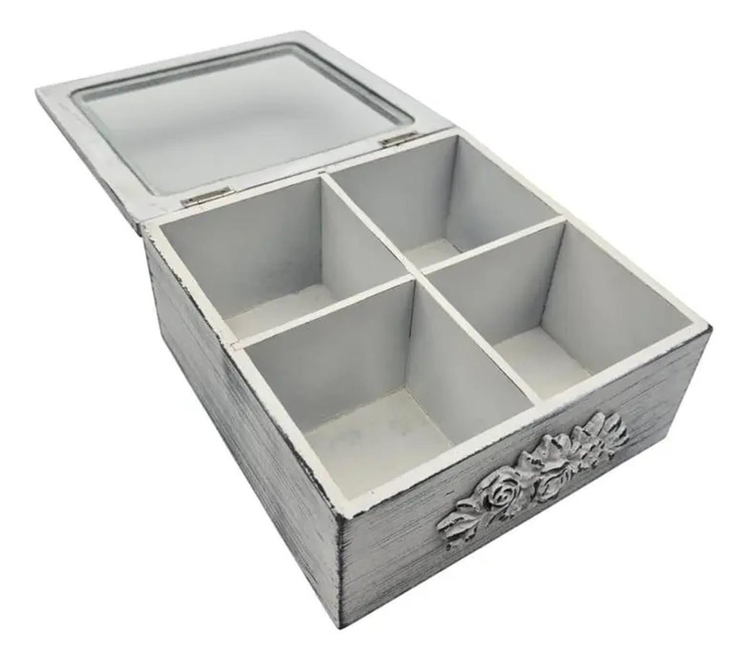 Caja De Té Mediana De Madera 4 Espacios Diseño Romantico Gris-2