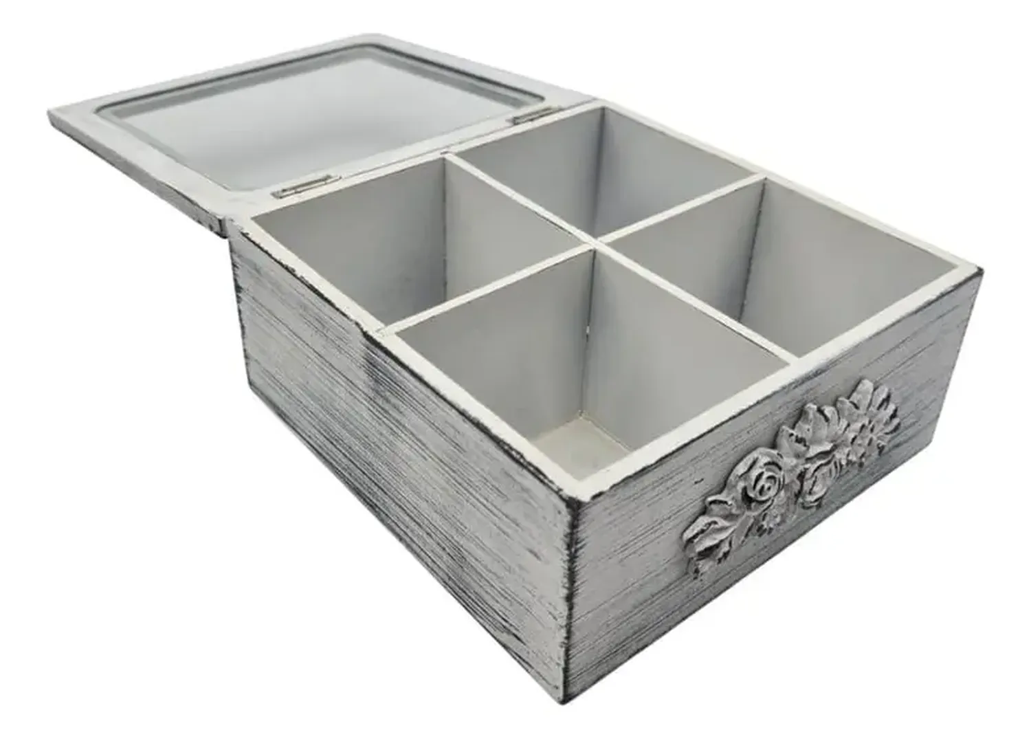 Caja De Té Mediana De Madera 4 Espacios Diseño Romantico Gris-3