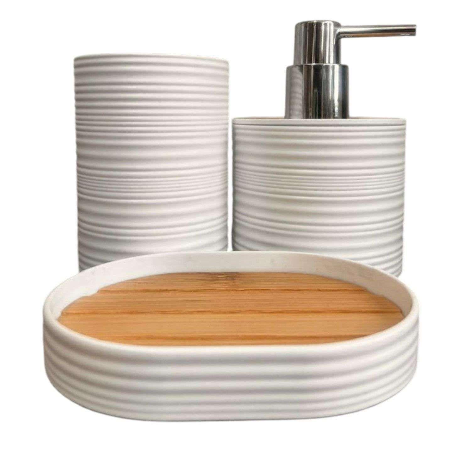 Set Juego De Baño 3 Piezas Bambu Jabon Dispensador Cepillo-0