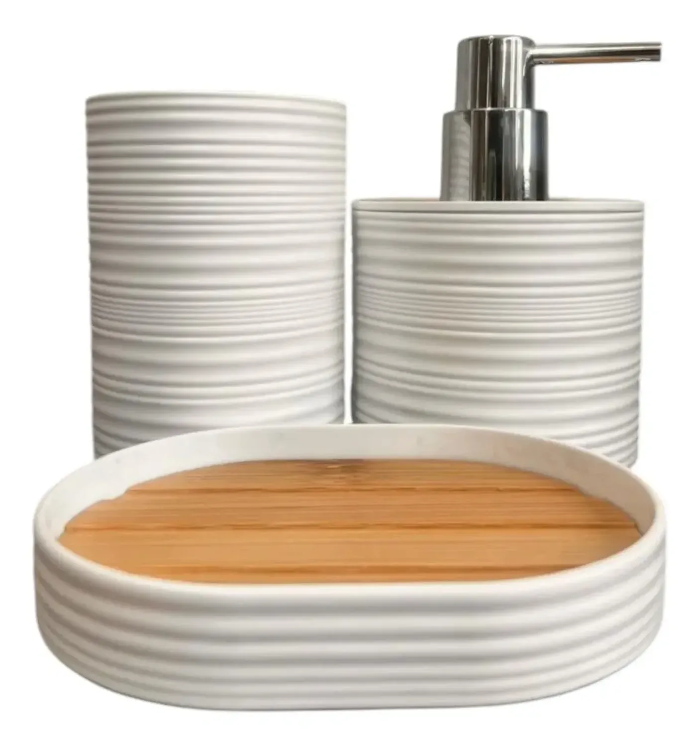 Set Juego De Baño 3 Piezas Bambu Jabon Dispensador Cepillo Blanco-0