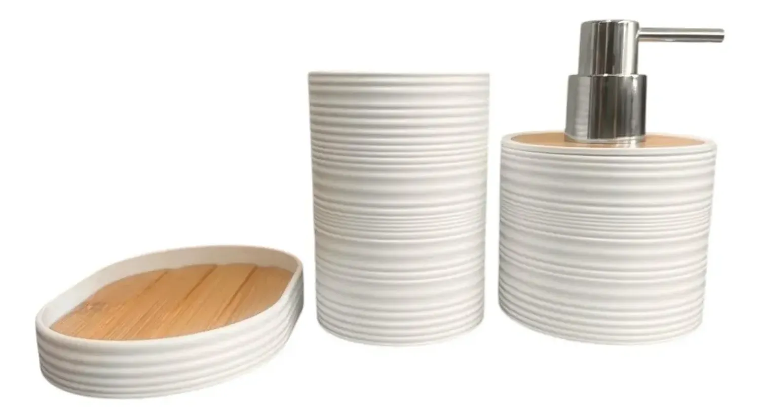 Set Juego De Baño 3 Piezas Bambu Jabon Dispensador Cepillo Blanco-1