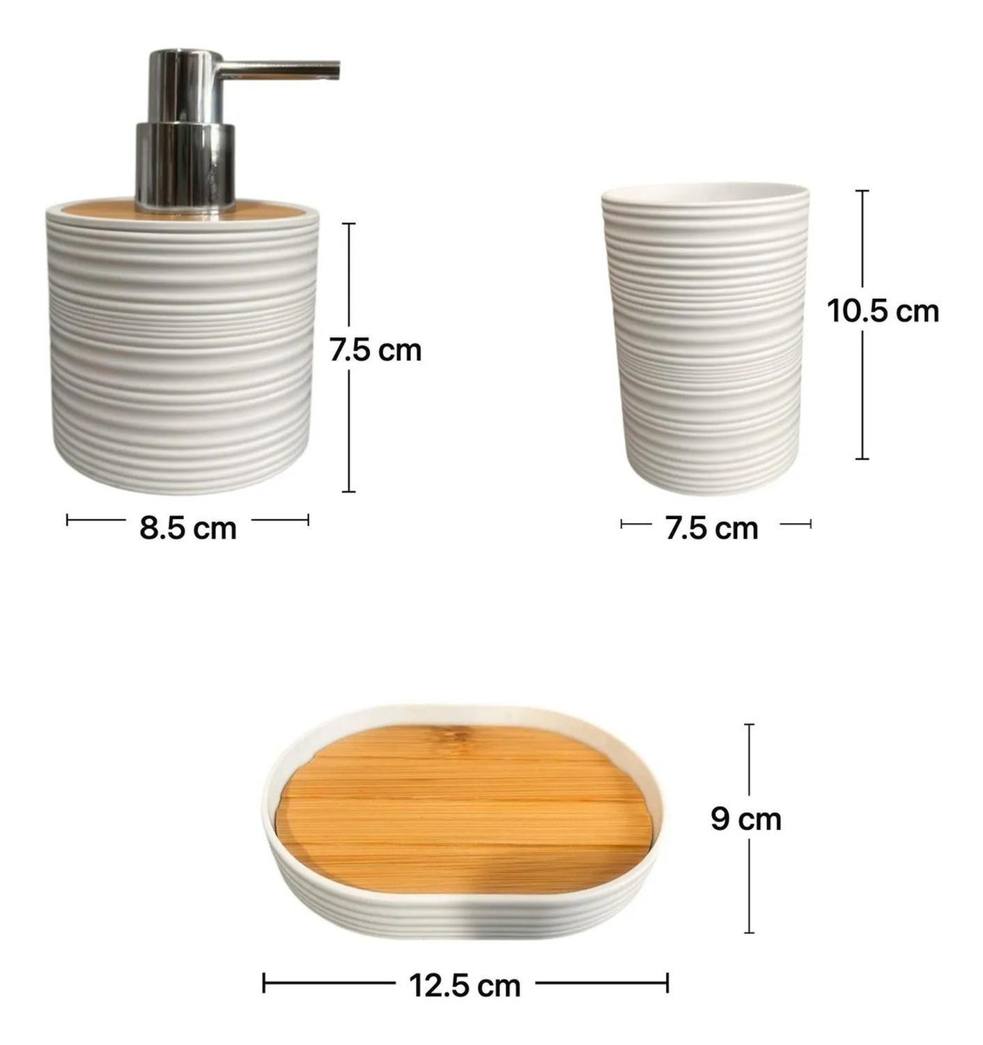 Set Juego De Baño 3 Piezas Bambu Jabon Dispensador Cepillo Blanco-3