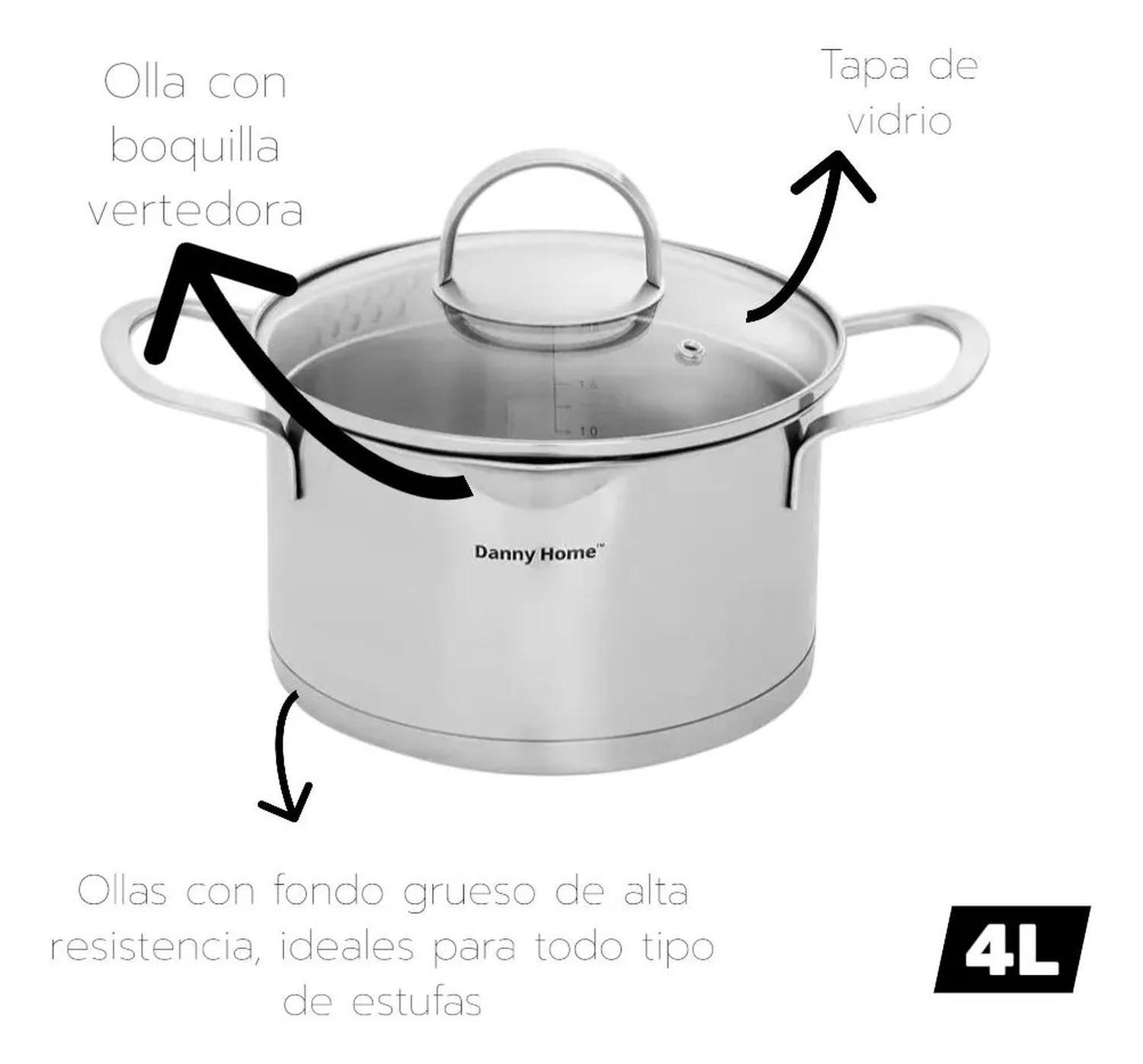 Olla Cacerola Acero Inolxidable 4lts Con Tapa Cristal Plateado-4
