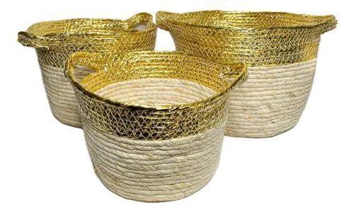 Macetero Cesto Canasto Tejido Mimbre Metalico Pequeño Dorado-2