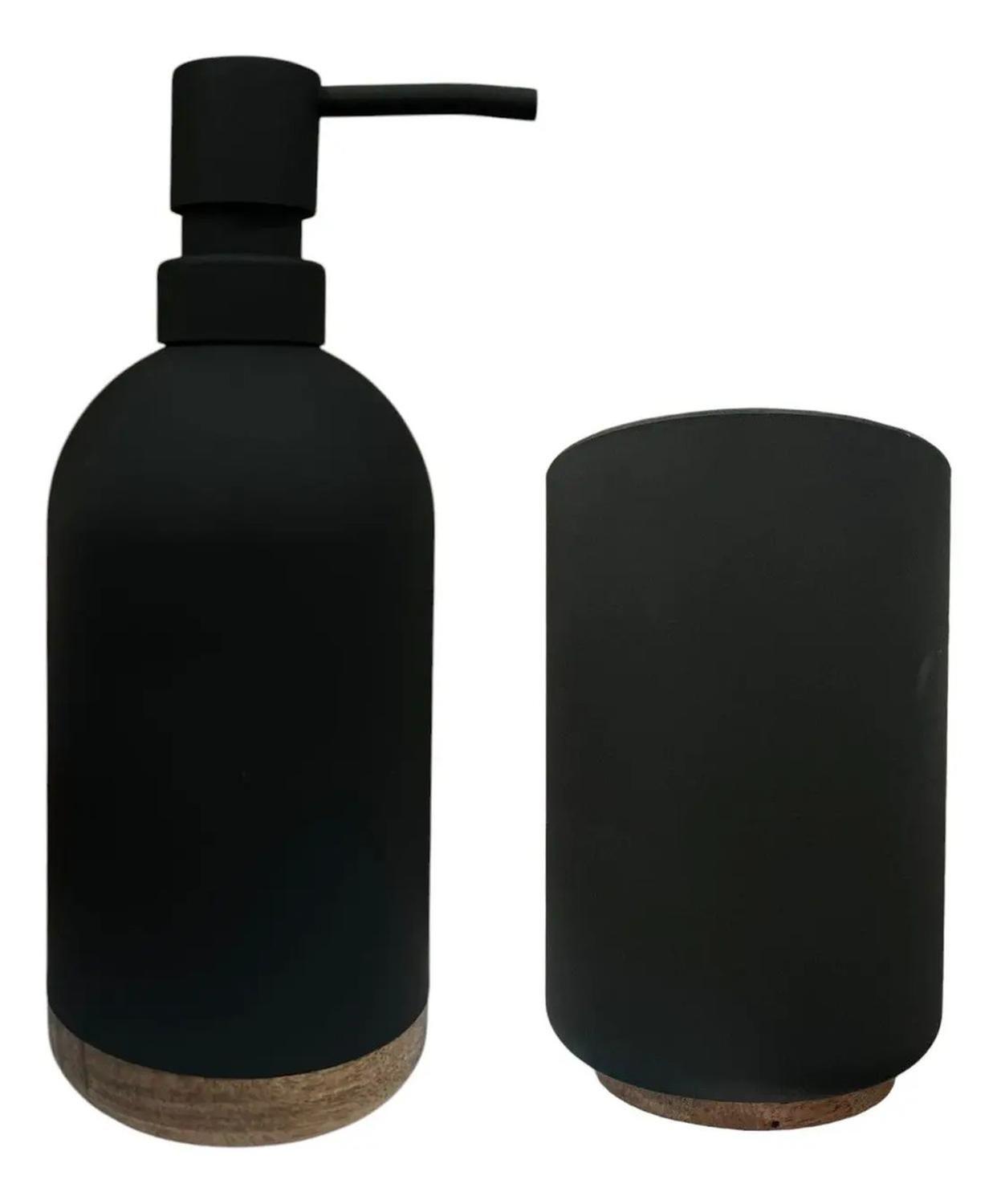 Set De Baño 2 Piezas Jabon Porta Cepillo Base Madera Negro-0