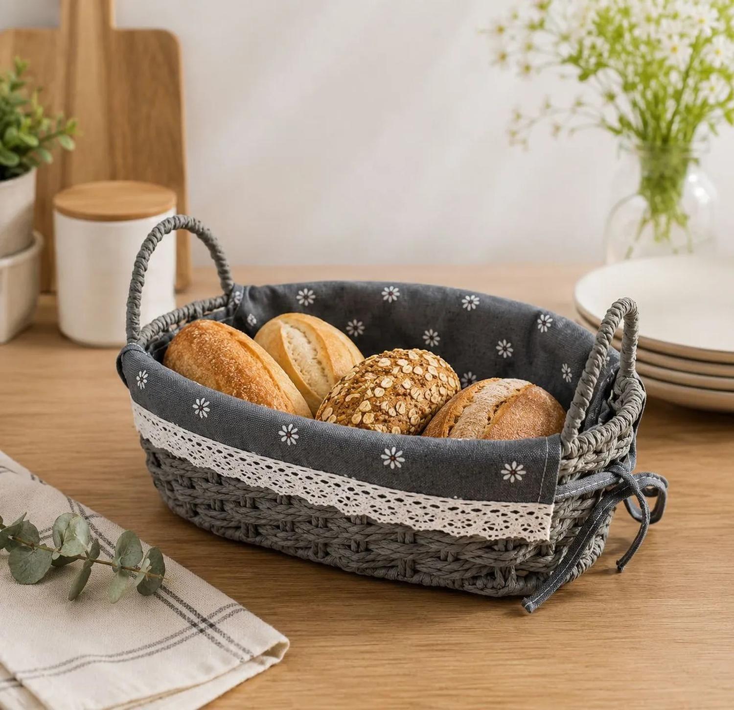 Cesta Panera Tejida Cesta De Pan Ovalada 27x17cm Diseño Flor-2