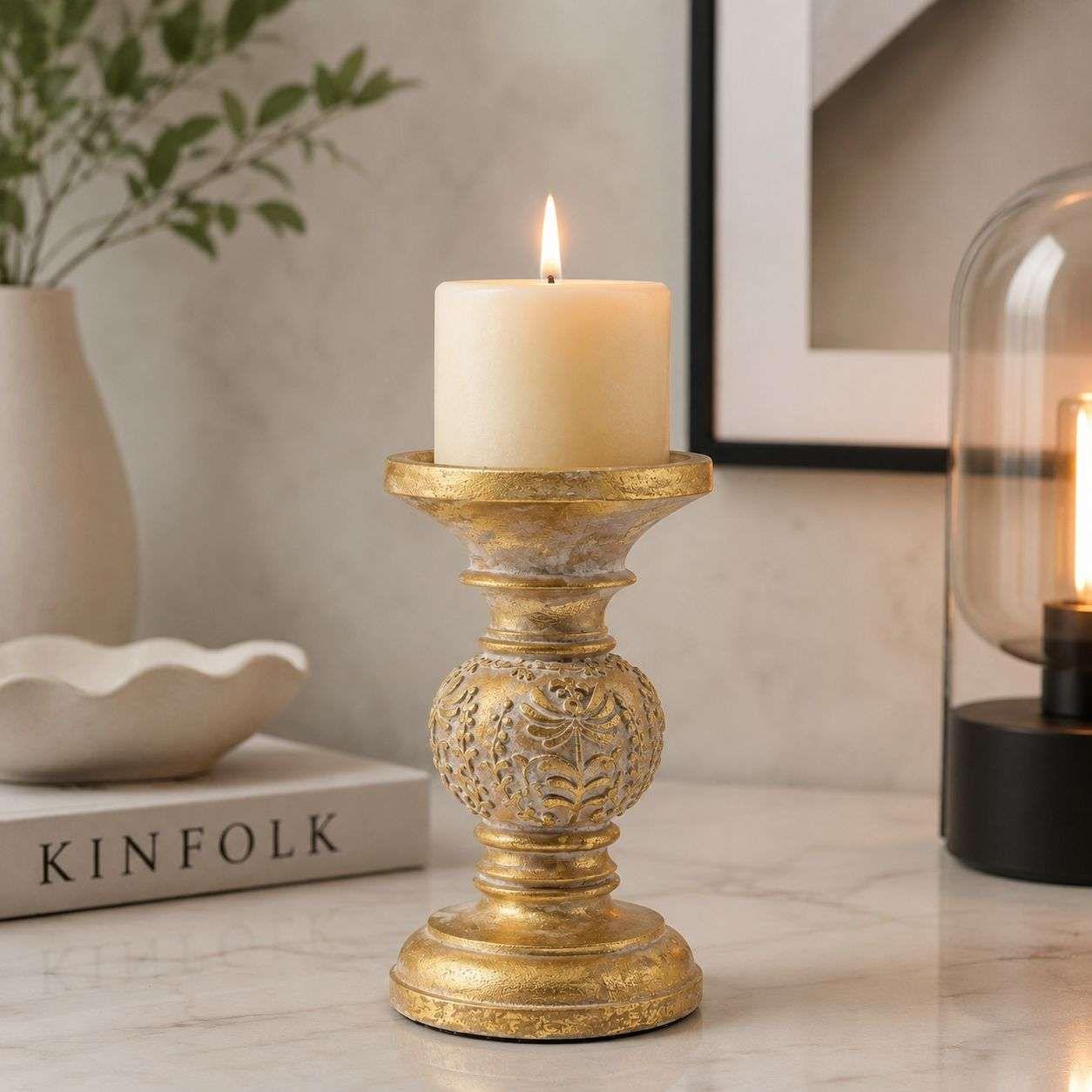 Porta Vela Candelabro Decorativo Elegante Dorado Flor 20cm-2
