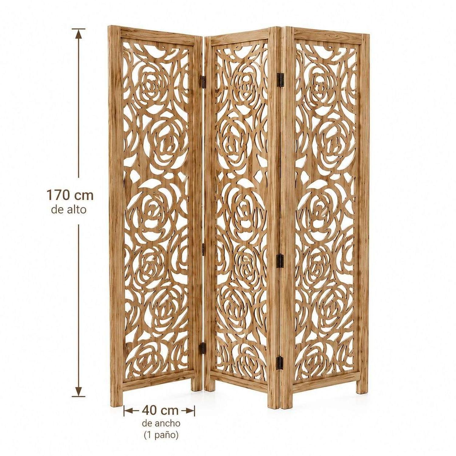 Biombo De Madera 3 Paneles Tallado Rosas 170x40cm-1