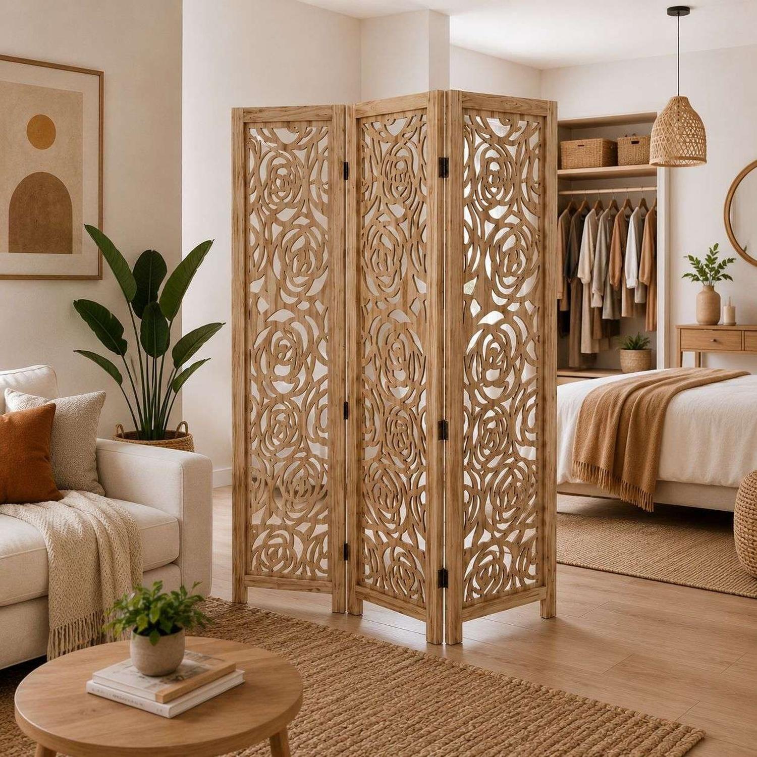 Biombo De Madera 3 Paneles Tallado Rosas 170x40cm-2