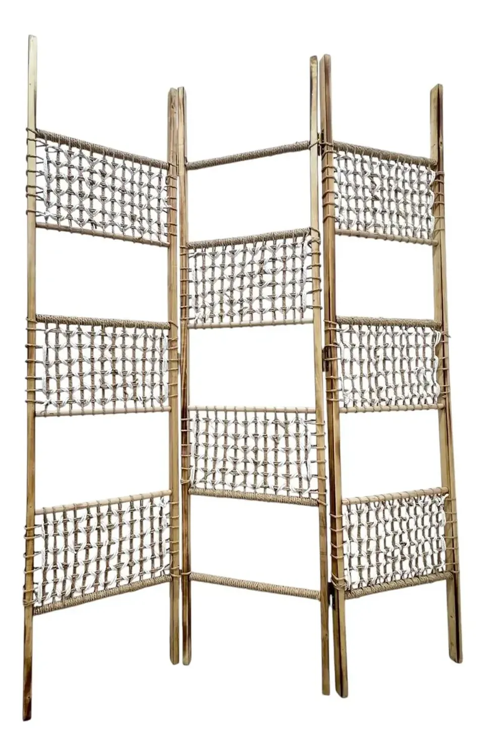 Biombo De Madera Resistente 3 Paneles Tejido Cuad 123x170cm Tejido Beige-0